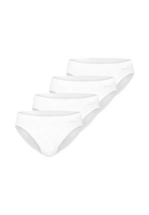 Cztery białe męskie bezszwowe majtki ułożone ukośnie z subtelnymi logo marki po bokach pasa.