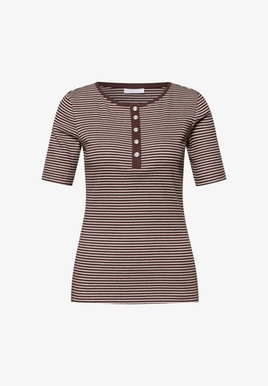 Brun og hvid, vandret striped kortærmet skjorte med rund halsudskæring og fem hvide knapper på en lodret stolpe.