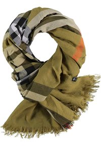 Zeleno-šedý kostkovaný šátek s třepenými okraji; obsahuje překrývající se vzory a subtilní oranžové akcenty; vyrobený z měkké, lehké látky.