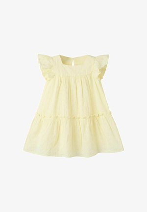 Gaiši dzeltens bērnu kleitiņš ar viegli plīvojošām piedurknēm, mežģīņu audumu, savākta vidukļa daļu un mazu aizdari ar pogu aizmugurē.