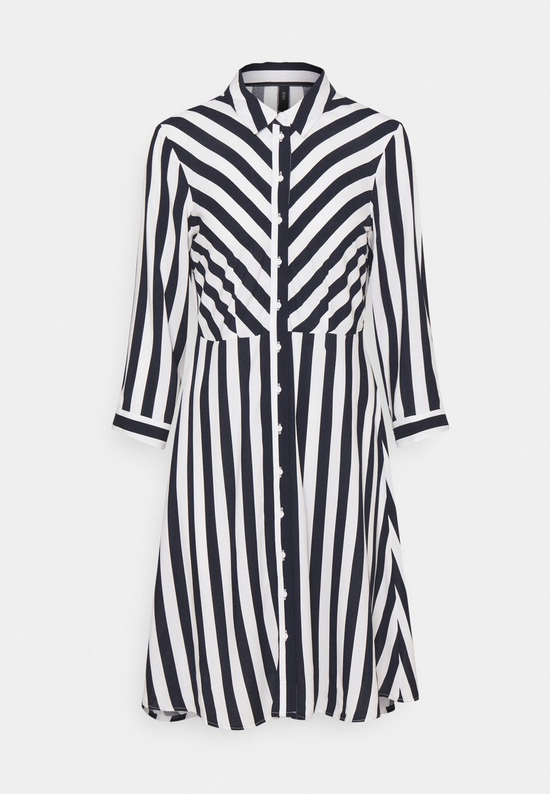 Abito button-up con righe verticali blu navy e bianche, colletto, maniche a tre quarti e orlo svasato. Tessuto morbido e leggero.