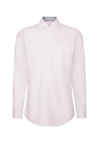 Hvid langærmet skjorte i glat stof med knaplukning fortil, enkelt brystlomme og mønstret kravefoder.