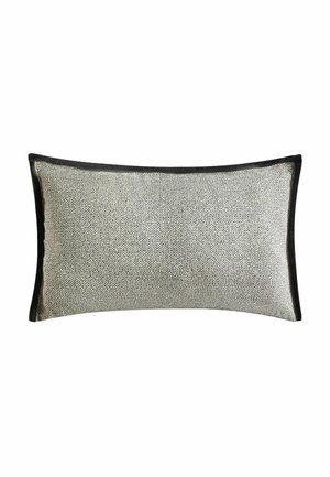 Rechteckiges silbernes Kissen mit Textur und schwarzem Rand auf weißem Hintergrund.