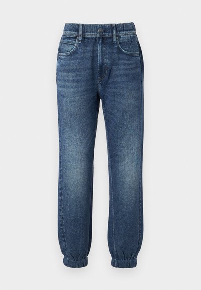 Dunkelblaue Denim-Jogginghosen im Jogger-Stil mit elastischem Bund und Bündchen. Sie verfügen über fünf Taschen und einen leichten Farbverlauf im Stoff.