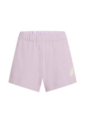 Shorts en coton lilas avec une taille élastique. Présentent un logo imprimé dans une teinte plus claire sur le côté gauche. Design simple et droit.