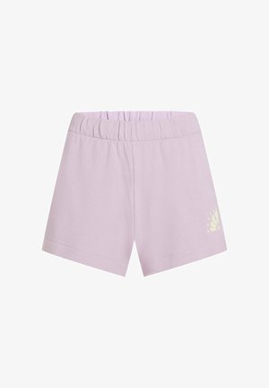 Shorts en coton lilas avec une taille élastique. Présentent un logo imprimé dans une teinte plus claire sur le côté gauche. Design simple et droit.
