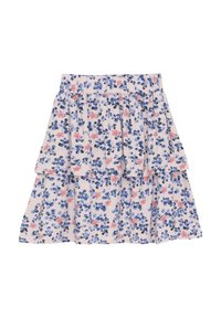 Blommig lagerkjol med elastisk midja, med blå och rosa blommönster på en ljusrosa bakgrund. Tillverkad av mjukt tyg.