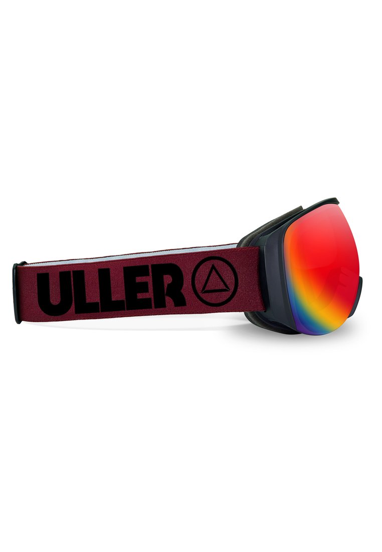 Skibrille mit rotem verspiegeltem Glas, schwarzem Rahmen und einem kastanienbraunen Band mit schwarzem 'ULLER' Logo. Gebogene Form mit Schaumstoffpolsterung.
