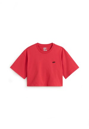 Rode cropped T-shirt met korte mouwen, ronde hals en een klein zwart skateboardlogo op de linkerborst.