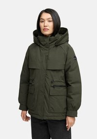 Green insulated jacket with a hood, featuring zippered and buttoned front pockets, a relaxed fit, and a matte finish.