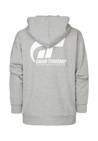 Felpa grigia con cappuccio in morbido materiale, caratterizzata da un grande logo bianco "GT" e dalla scritta "Gran Turismo" sul retro. Maniche lunghe e polsini a costine.