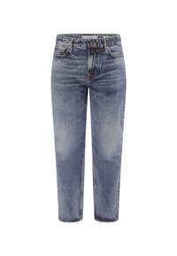 Jeans de mezclilla azul claro con un diseño desgastado, corte recto y estilo de cinco bolsillos. Cuenta con un cierre de botón y cremallera.