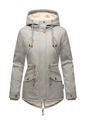 Gray waterproof jacket with a fur-lined hood, drawstring waist, and angled chest pockets. Features brown metal hardware and elastic cuffs.