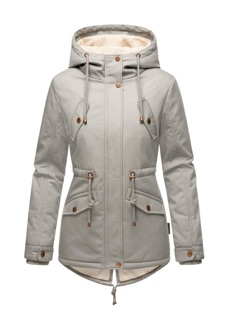 Grijze waterdichte jas met een met bont gevoerde capuchon, een trekkoord in de taille en schuine borstzakken. Voorzien van bruin metalen beslag en elastische manchetten.