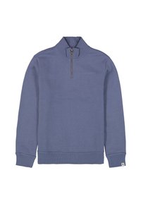 Sudadera de media cremallera en suave tejido azul claro con puños y dobladillo acanalados, que presenta un logotipo sutil en el pecho. Diseño sencillo y limpio.