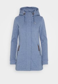 Giacca con cappuccio blu dalTexture liscia, dotata di zip frontale, due tasche con zip e dettagli con cordino sul cappuccio.