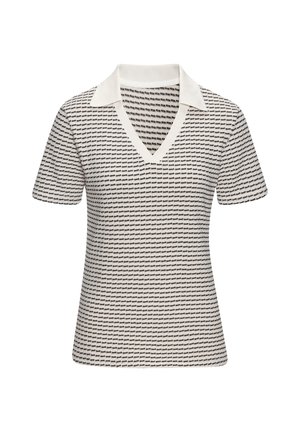 Polo à manches courtes en crème avec un motif de logo noir répété, encolure en V et col blanc contrastant, fabriqué à partir d'un matériau en tricot doux.