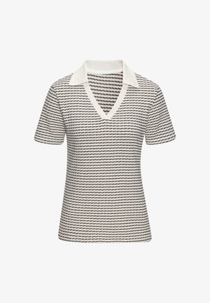 Polo à manches courtes en crème avec un motif de logo noir répété, encolure en V et col blanc contrastant, fabriqué à partir d'un matériau en tricot doux.