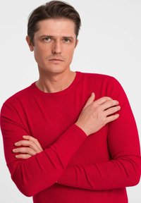 Pull en tricot rouge, avec un col rond, des manches longues et des poignets côtelés. Le modèle pose les bras croisés, mettant en valeur la coupe du vêtement.