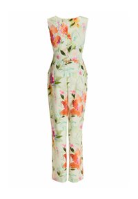 Combinaison sans manches à jambes larges, présentant un motif floral pastel orange, rose et vert sur un fond crème clair.