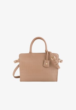 Beige Handtasche mit Krokodillederprägung, oberen Griffen und abnehmbarem Schulterriemen. Verfügt über eine kleine Fronttasche und goldfarbene Beschläge.