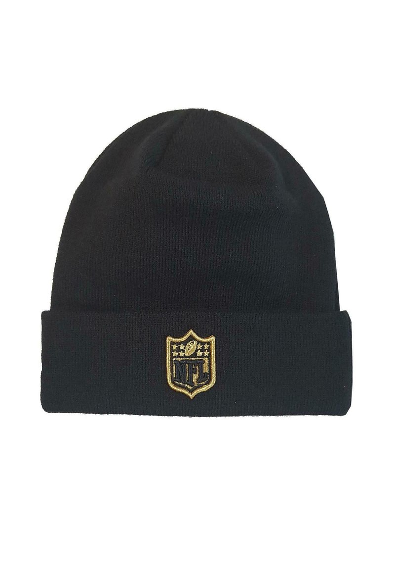 Black knit beanie with a folded cuff. Features a gold embroidered NFL logo on front, surrounded by gold stars. Soft texture.