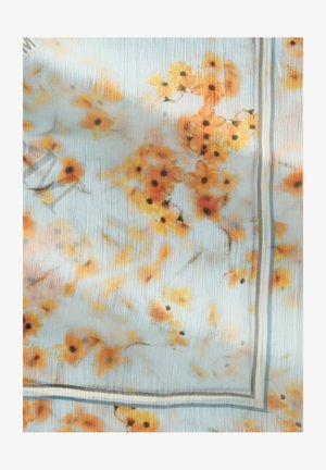 Jasnoniebieska tkanina z pomarańczowym i żółtym kwiatowym wzorem oraz podwójną obwódką w odcieniach niebieskiego i szarości.