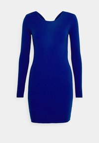 Šaty z ribované pleteniny v královské modři s dlouhými rukávy, kulatým výstřihem a přiléhavým střihem. Hladká textura a délka do poloviny stehna.