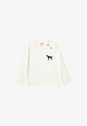 Sweatshirt bianco con maniche lunghe, texture a coste, caratterizzato da un ricamo di silhouette di cane nero sul lato sinistro del petto e dettagli con bottoni in ottone.