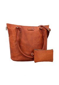 Borsa tote in pelle marrone con due manici, design minimalista e una piccola pochette con zip coordinata. Texture liscia, senza motivi visibili.