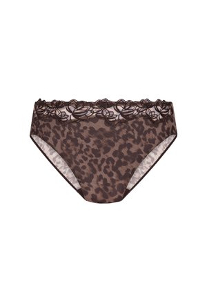 Leopardprint slipje in bruin en crème, met bloemige kanten details langs de tailleband, en een gladde, semi-transparante stof.