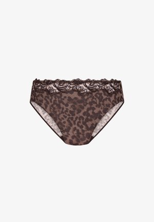 Leopardprint slipje in bruin en crème, met bloemige kanten details langs de tailleband, en een gladde, semi-transparante stof.