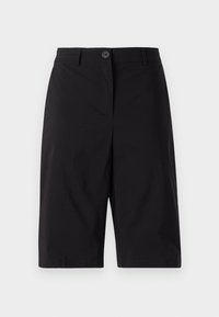 Shorts noirs en tissu lisse, avec une fermeture à bouton à l'avant, des passants de ceinture et une coupe droite qui s'étend jusqu'à mi-cuisse.