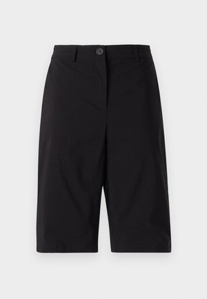 Pantaloni shorts neri realizzati in tessuto liscio, con chiusura frontale a bottone, passanti per cintura e un taglio dritto che arriva a metà coscia.