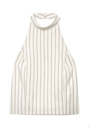 Top senza maniche bianco con sottili strisce verticali marroni e collo alto con chiusura posteriore a bottone.