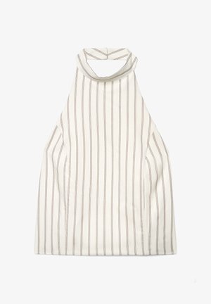 Top senza maniche bianco con sottili strisce verticali marroni e collo alto con chiusura posteriore a bottone.