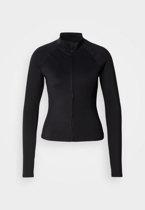 Black long-sleeve zip-up jacket in stretchy material; features a high collar and form-fitting design with contrast stitching details.