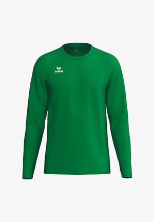 Maglietta sportiva verde a maniche lunghe con scollo a girocollo e logo bianco "erima" sulla parte superiore destra del petto su sfondo bianco.