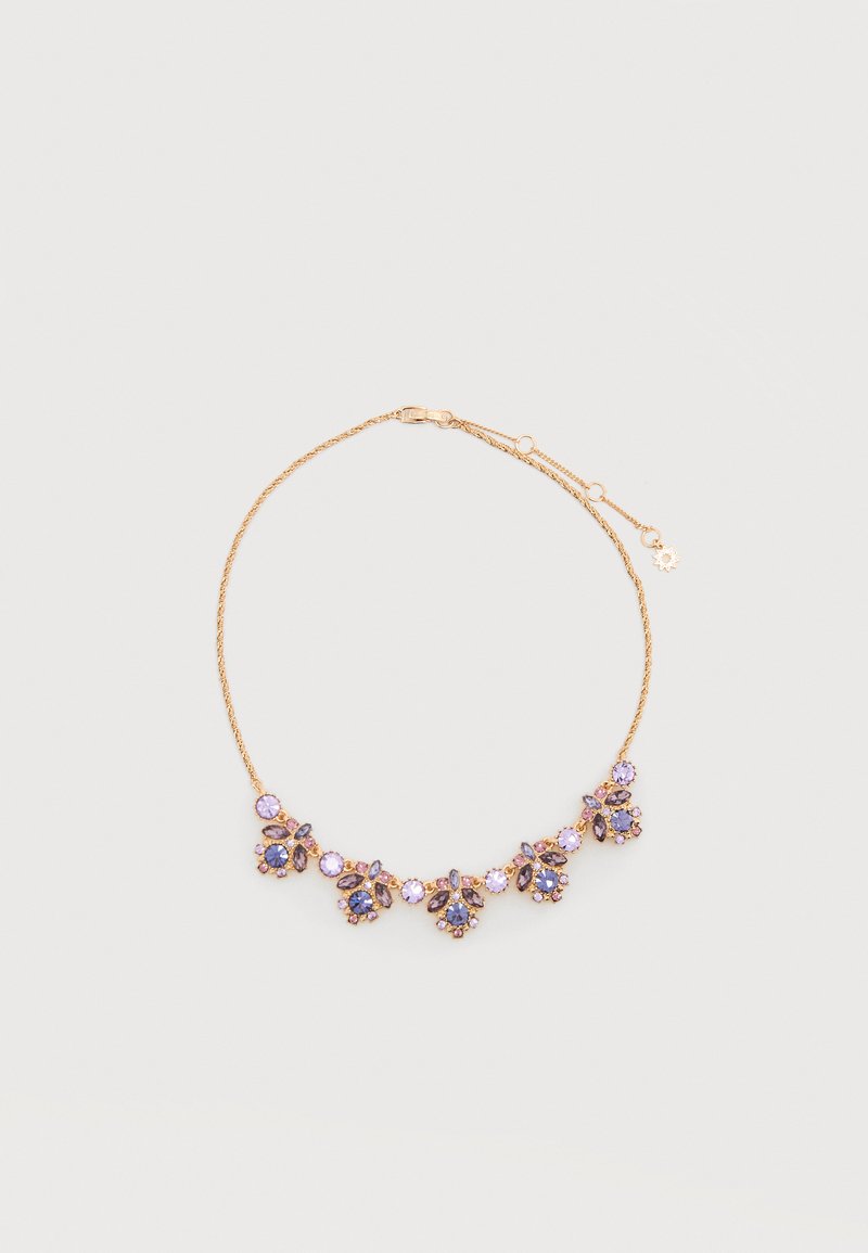 Χρυσό κολιέ με αλυσίδα και πέντε ομάδες από μοβ και λιλά πολύτιμους λίθους, διατεταγμένες σε ανθικούς σχηματισμούς, με ρυθμιζόμενο κούμπωμα.