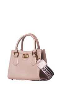Borsa a tracolla in ecopelle rosa con manici superiori, hardware dorato e tracolla regolabile con un accento del marchio. Forma strutturata con logo in rilievo.