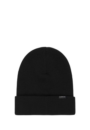 Black knitted beanie with folded cuff and small Quiksilver logo tag on the front cuff.