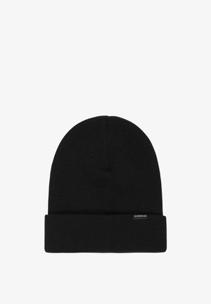 Black knitted beanie with folded cuff and small Quiksilver logo tag on the front cuff.