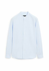 Camicia a maniche lunghe azzurro chiaro con colletto alla cinese, realizzata in un tessuto morbido, con chiusura frontale a bottoni e orlo arrotondato.