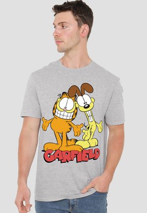 Gray cotton t-shirt featuring a graphic of Garfield, an orange cat, and Odie, a yellow dog, with "GARFIELD" in bold red letters below.