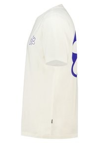 White cotton t-shirt with a short sleeve, featuring a purple flower design and a large purple abstract shape on the side.