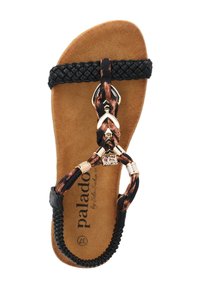 Zwarte gevlochten bandensandalen met dierenprintaccenten, voorzien van metallic hardware en een gestructureerde bruine voetbed met het merkembleem.