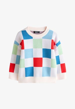 Crewneck sweater med farverigt ternet mønster i røde, blå, grønne og hvide firkanter samt ribbet manchetter og kant.