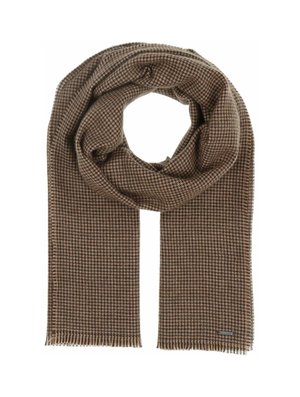 Brown patterned scarf with a houndstooth design, made of soft material. Features frayed edges and a small brand tag on one side.