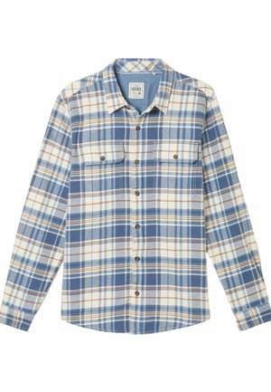 Flanelinė marškiniai su mėlyna, kreminės ir rudos spalvų languota rašto; su dviem krūtinės kišenėmis ir rudos spalvos sagomis; ilgomis rankovėmis ir apykakle.