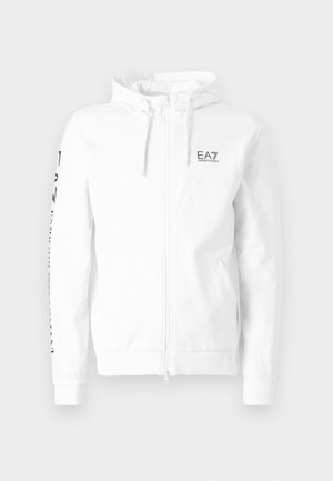 Valkoinen vetoketjullinen huppari, joka on valmistettu pehmeästä materiaalista. Hupparissa on etuvetoketju, kaksi sivutaskua sekä musta EA7-logo rinnassa ja hihassa.